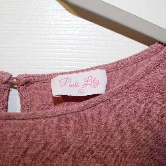 Pink Lily pink-ish ruffle tiered sleeve round neck keyhole button closure crop L - Picture 3 of 6